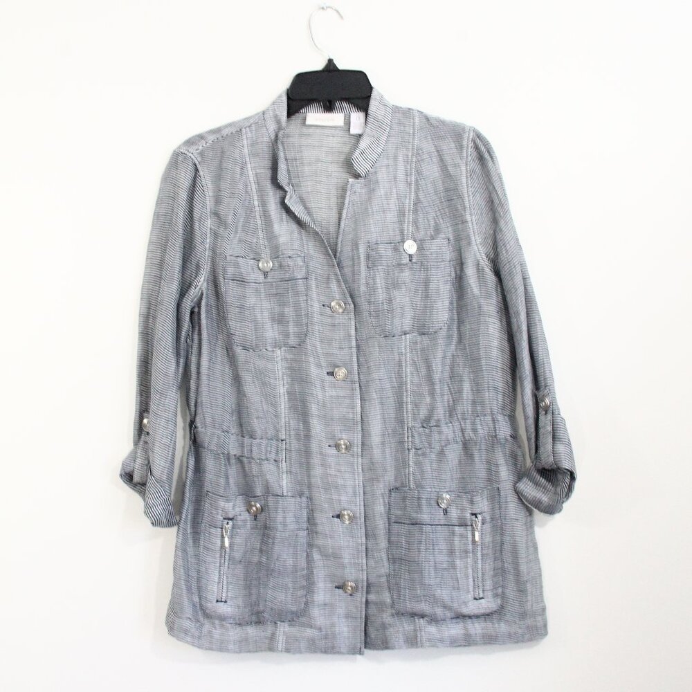 Chico's Linen Blend Jacket sz 0 Small Women Utility Jacket Striped Lightweight